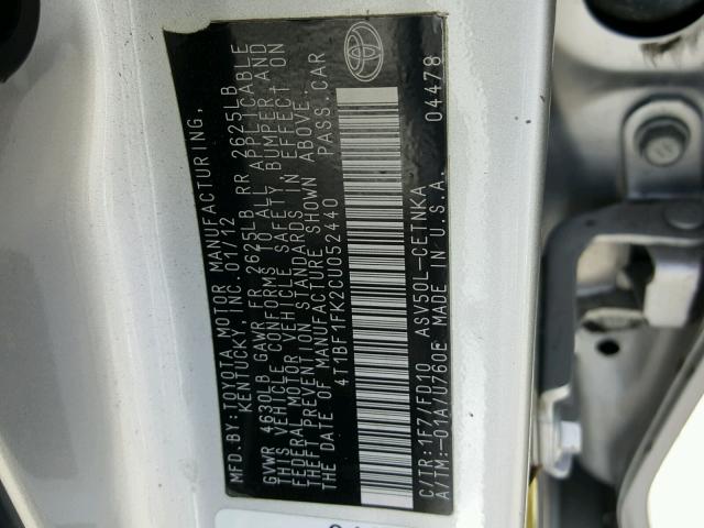 4T1BF1FK2CU052440 - 2012 TOYOTA CAMRY BASE ვერცხლისფერი ფოტო 10