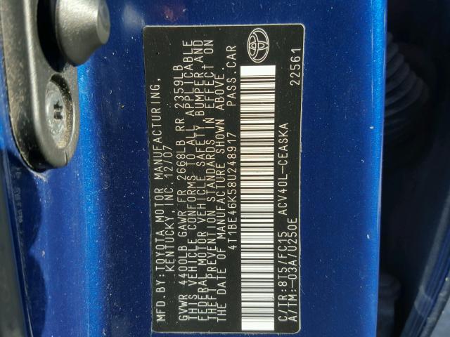 4T1BE46K58U248917 - 2008 TOYOTA CAMRY CE BLUE photo 10