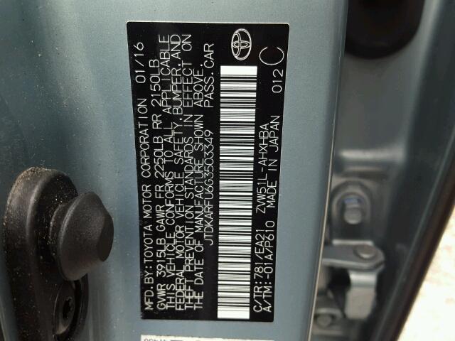 JTDKARFU6G3503349 - 2016 TOYOTA PRIUS BLUE photo 10