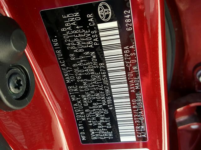 4T1B61HK7JU546738 - 2018 TOYOTA CAMRY XSE RED photo 10