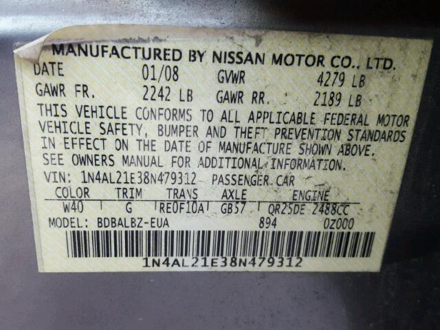 1N4AL21E38N479312 - 2008 NISSAN ALTIMA 2.5 GRAY photo 10