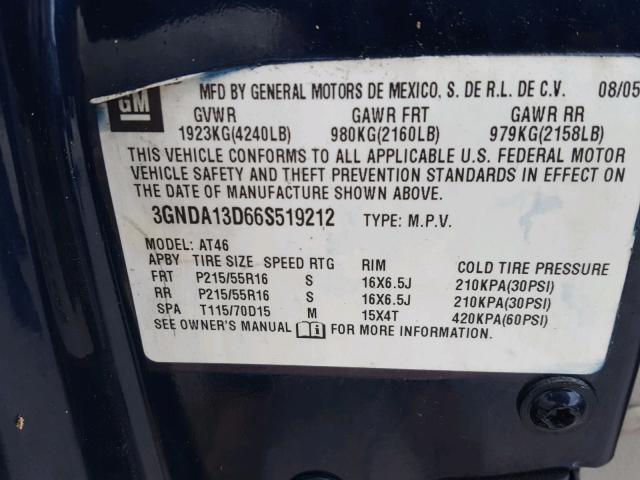 3GNDA13D66S519212 - 2006 CHEVROLET HHR LS BLUE photo 10