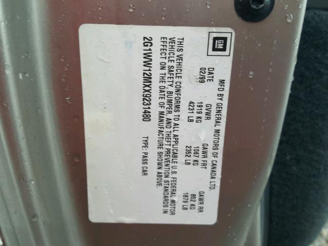 2G1WW12MXX9231480 - 1999 CHEVROLET MONTE CARL თაფლისფერი ფოტო 10