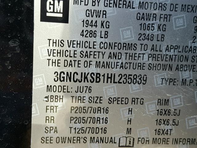 3GNCJKSB1HL235839 - 2017 CHEVROLET TRAX LS BLACK photo 10