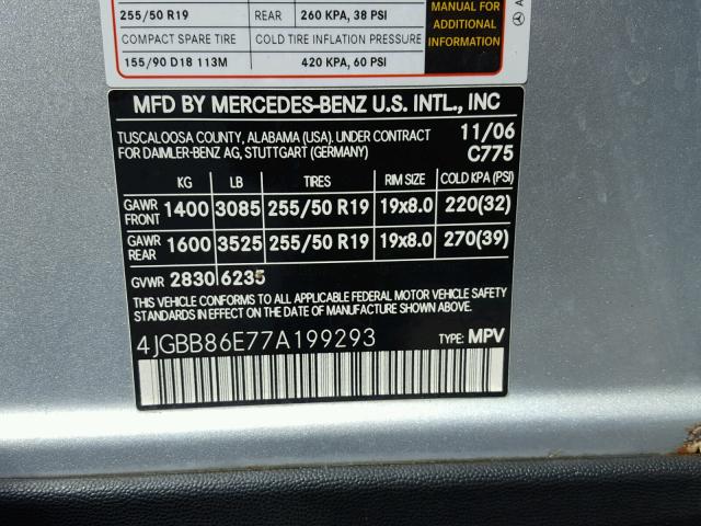 4JGBB86E77A199293 - 2007 MERCEDES-BENZ ML 350 SILVER photo 10