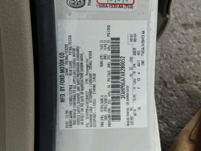 3FAHP0GA7AR280052 - 2010 FORD FUSION S WHITE photo 10