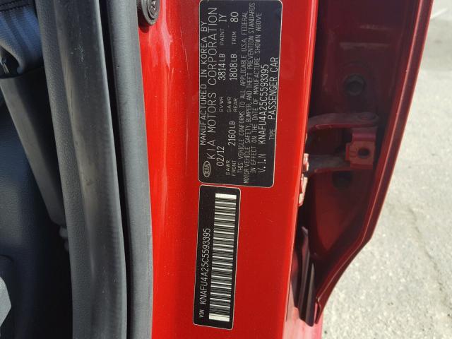 KNAFU4A25C5593395 - 2012 KIA FORTE EX RED photo 10