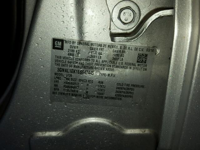 3GNAL1EK1ES647445 - 2014 CHEVROLET CAPTIVA LS ვერცხლისფერი ფოტო 10