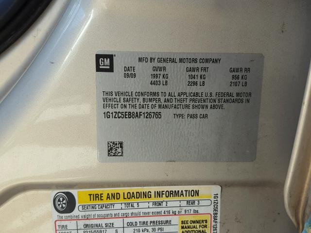 1G1ZC5EB8AF126765 - 2010 CHEVROLET MALIBU 1LT GOLD photo 10