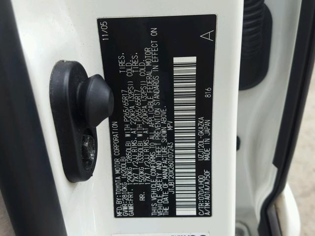 JTJBT20X260107243 - 2006 LEXUS GX WHITE photo 10