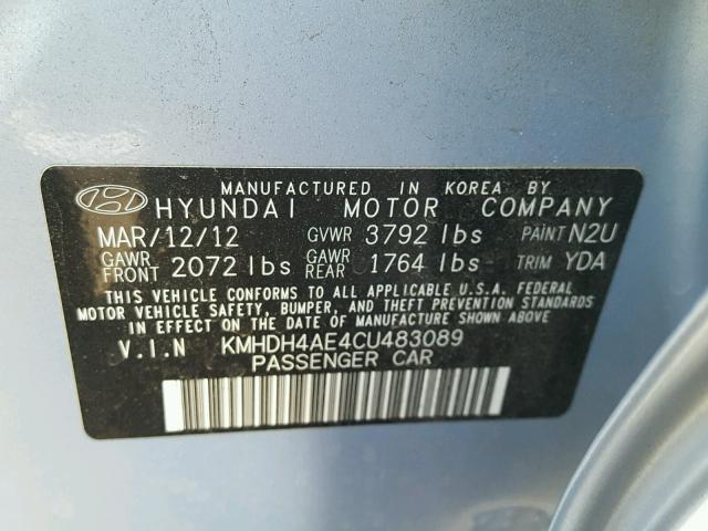 KMHDH4AE4CU483089 - 2012 HYUNDAI ELANTRA BLUE photo 10