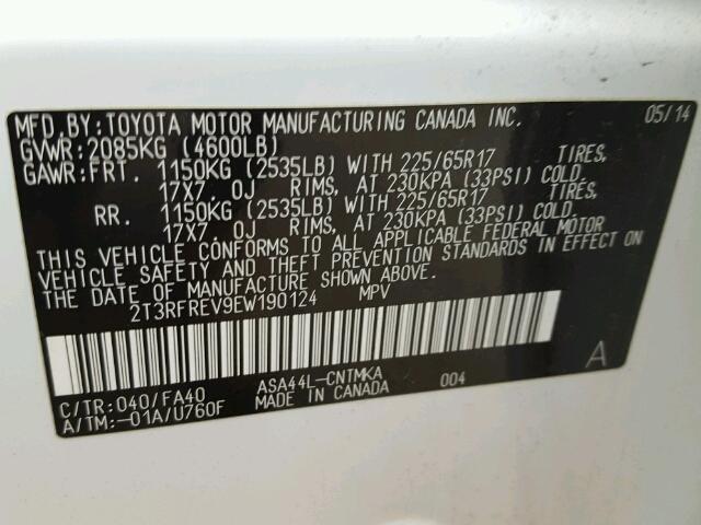 2T3RFREV9EW190124 - 2014 TOYOTA RAV4 XLE WHITE photo 10