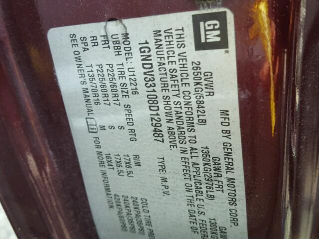 1GNDV33108D129487 - 2008 CHEVROLET UPLANDER L 勃艮第红 照片 10