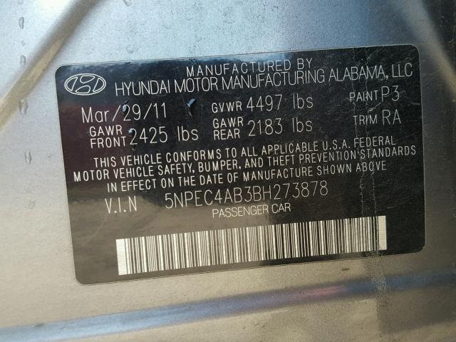 5NPEC4AB3BH273878 - 2011 HYUNDAI SONATA GRAY photo 10