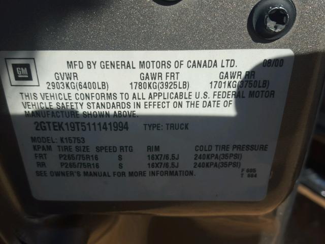 2GTEK19T511141994 - 2001 GMC NEW SIERRA GOLD photo 10