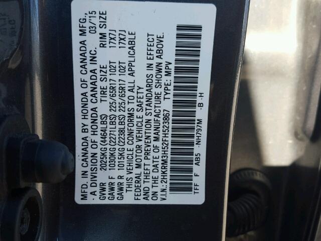 2HKRM3H52FH523867 - 2015 HONDA CR-V GRAY photo 10