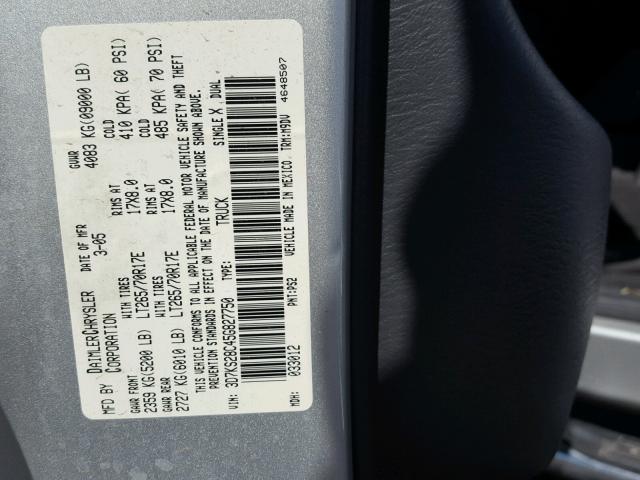 3D7KS28C45G827750 - 2005 DODGE RAM 2500 S SILVER photo 10