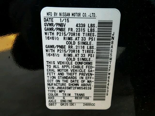 JN8AS5MT2FW654539 - 2015 NISSAN ROGUE SELE BLACK photo 10