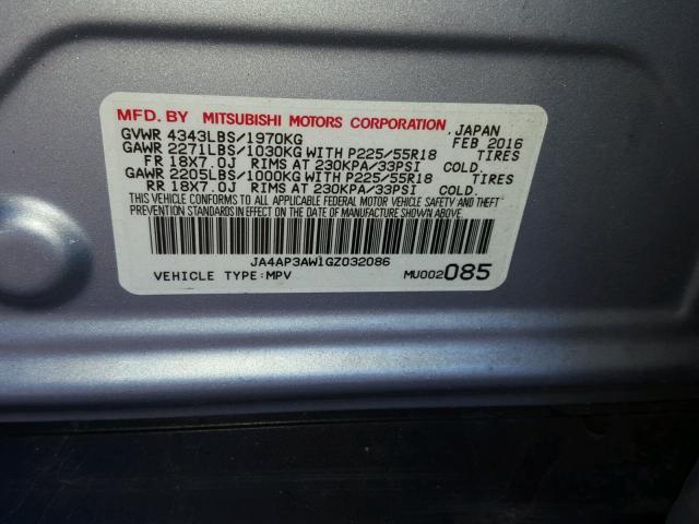 JA4AP3AW1GZ032086 - 2016 MITSUBISHI OUTLANDER SILVER photo 10