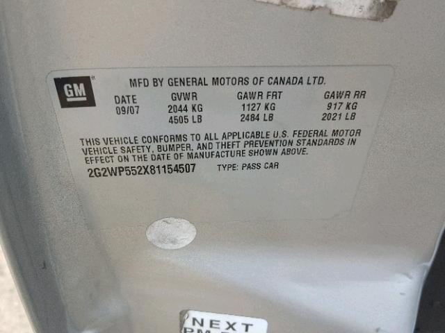 2G2WP552X81154507 - 2008 PONTIAC GRAND PRIX SILVER photo 10