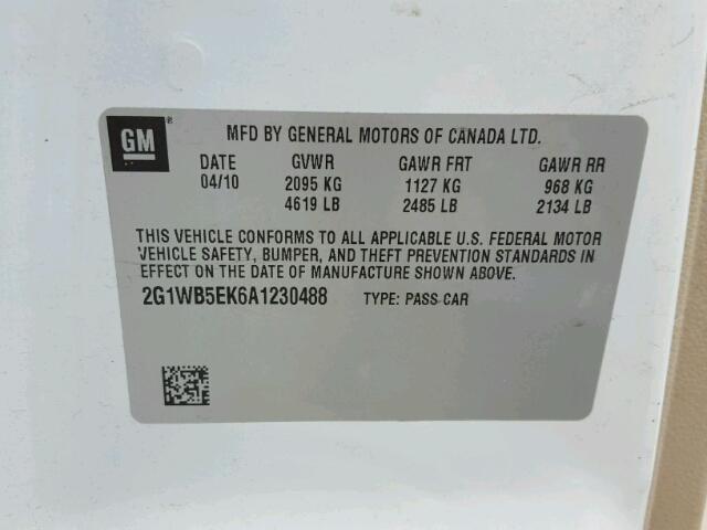 2G1WB5EK6A1230488 - 2010 CHEVROLET IMPALA LT WHITE photo 10