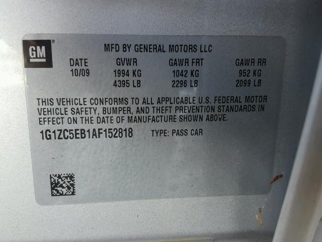 1G1ZC5EB1AF152818 - 2010 CHEVROLET MALIBU ვერცხლისფერი ფოტო 10