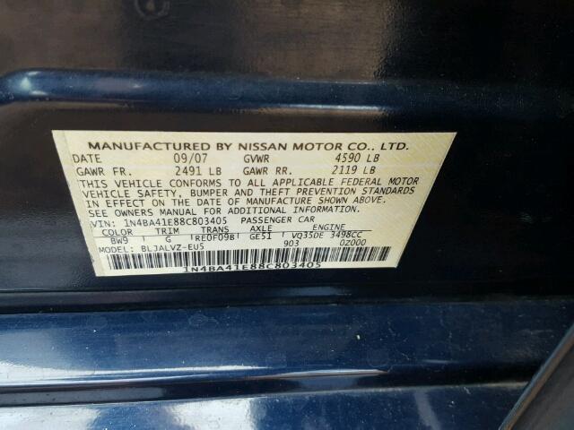 1N4BA41E88C803405 - 2008 NISSAN MAXIMA SE BLUE photo 10