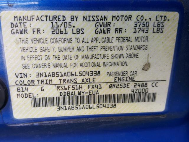 3N1AB51A06L504338 - 2006 NISSAN SENTRA SE- BLUE photo 10