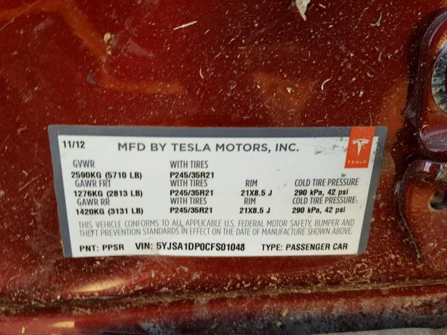 5YJSA1DP0CFS01048 - 2012 TESLA MODEL S BURGUNDY photo 10