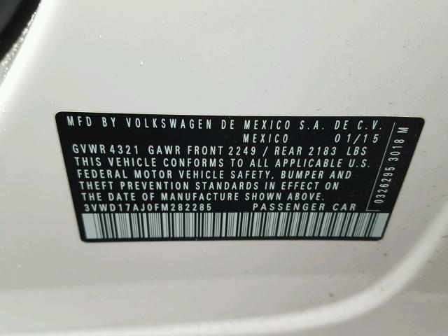 3VWD17AJ0FM282285 - 2015 VOLKSWAGEN JETTA SE Ağ foto 10