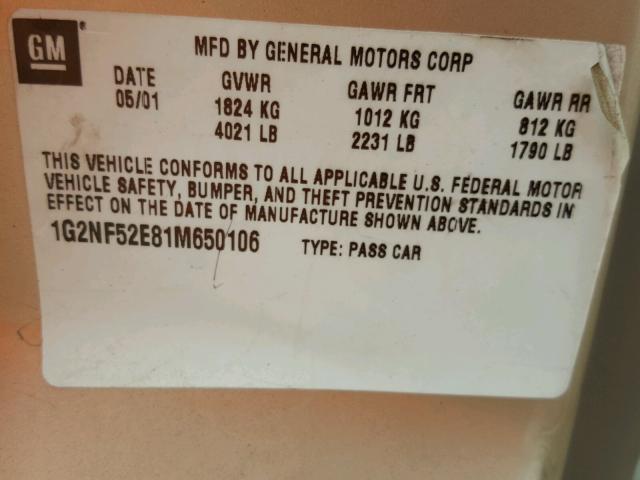 1G2NF52E81M650106 - 2001 PONTIAC GRAND AM S Qızıl foto 10