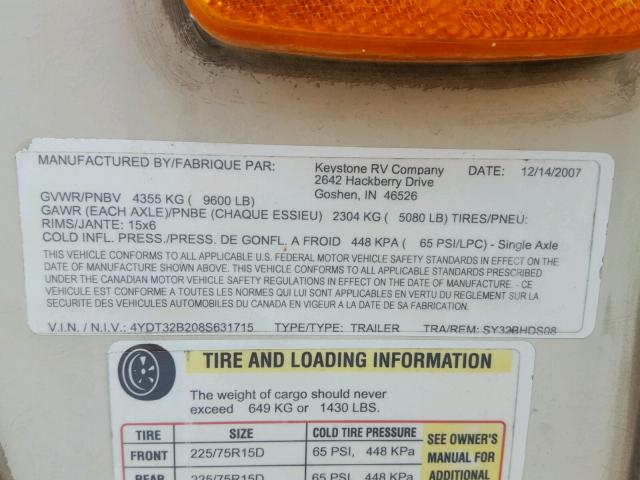 4YDT32B208S631715 - 2008 KEYSTONE OUTBACK WHITE photo 10