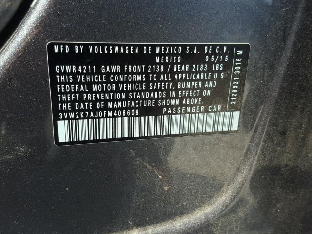 3VW2K7AJ0FM406608 - 2015 VOLKSWAGEN JETTA BASE GRAY photo 10