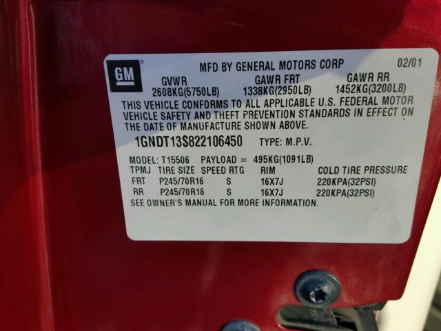 1GNDT13S822106450 - 2002 CHEVROLET TRAILBLAZE RED photo 10