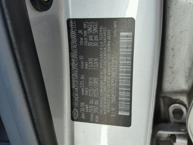 5NMSG13D27H012315 - 2007 HYUNDAI SANTA FE G GRAY photo 10