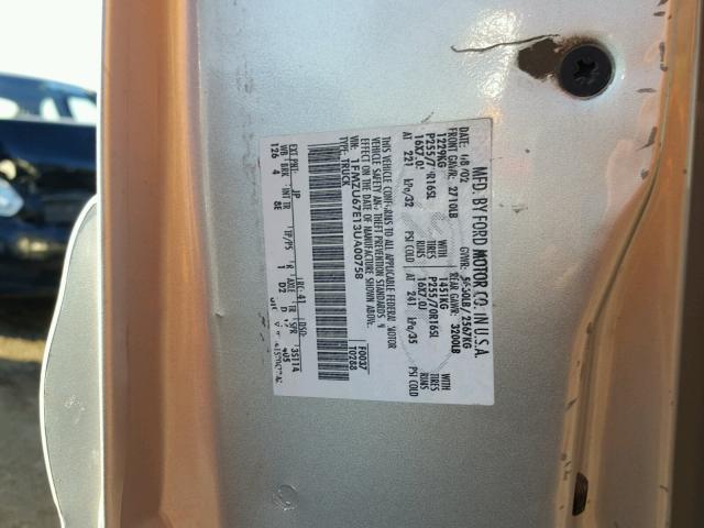 1FMZU67E13UA00758 - 2003 FORD EXPLORER S SILVER photo 10
