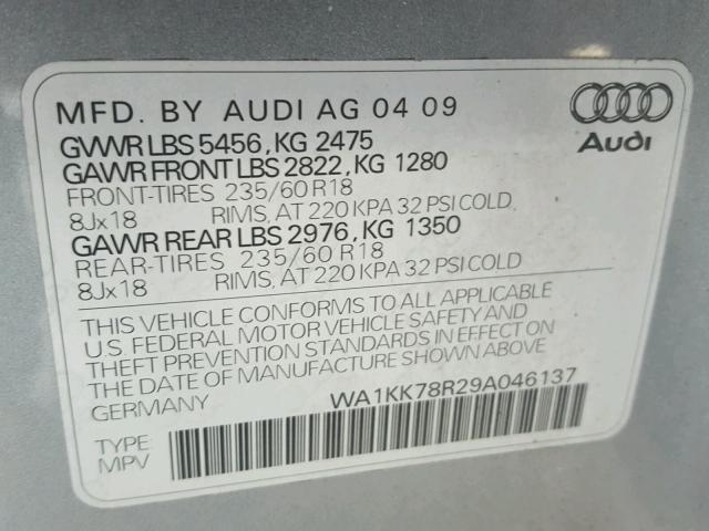 WA1KK78R29A046137 - 2009 AUDI Q5 3.2 SILVER photo 10