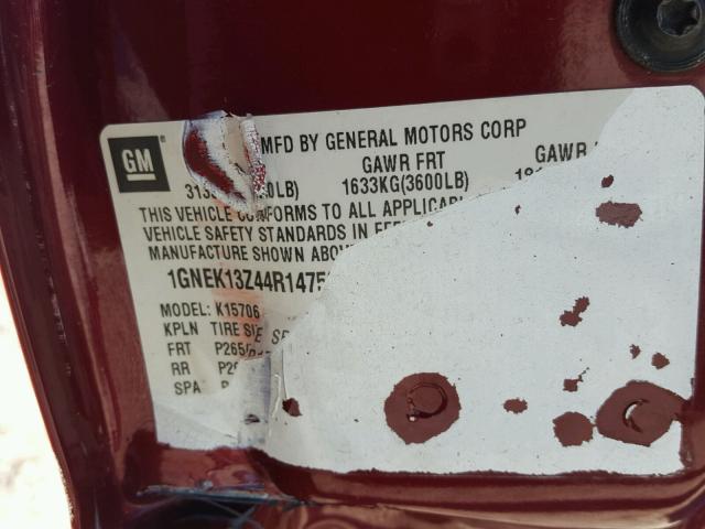 1GNEK13Z44R147589 - 2004 CHEVROLET TAHOE K150 MAROON photo 10