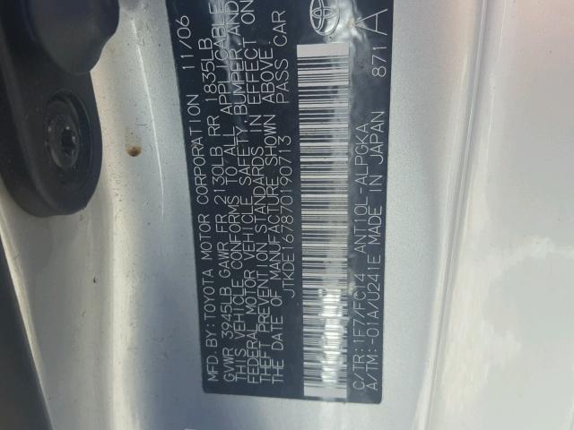 JTKDE167870190713 - 2007 TOYOTA SCION TC SILVER photo 10