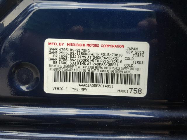 JA4AD2A35EZ014051 - 2014 MITSUBISHI OUTLANDER BLUE photo 10