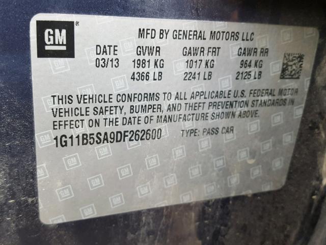 1G11B5SA9DF262600 - 2013 CHEVROLET MALIBU LS ლურჯი ფოტო 10