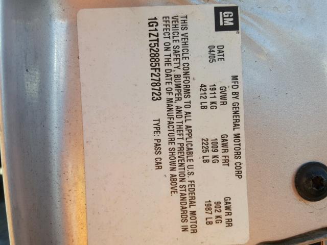 1G1ZT52885F278723 - 2005 CHEVROLET MALIBU LS ვერცხლისფერი ფოტო 10