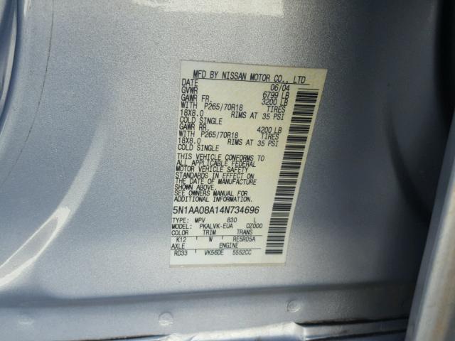 5N1AA08A14N734696 - 2004 NISSAN ARMADA SE SILVER photo 10