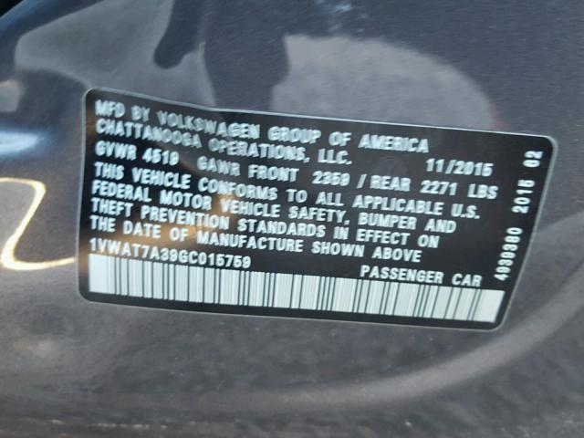 1VWAT7A39GC015759 - 2016 VOLKSWAGEN PASSAT S ნაცრისფერი ფოტო 10