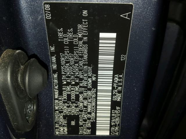 5TDBK22C98S016762 - 2008 TOYOTA SIENNA XLE GRAY photo 10