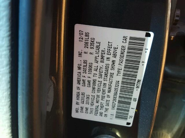 1HGCP26838A053204 - 2008 HONDA ACCORD EXL GRAY photo 10