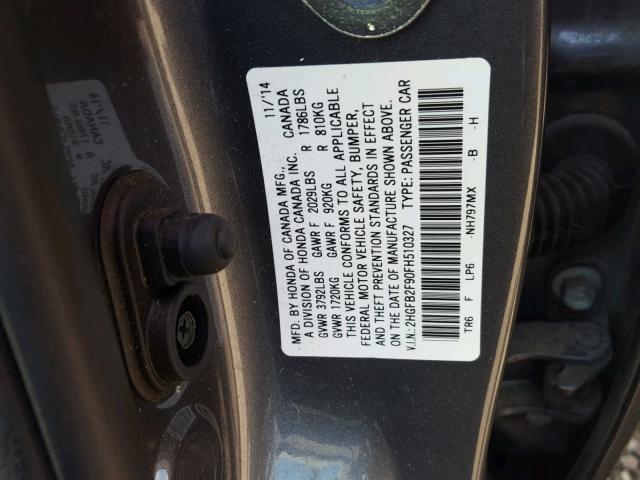 2HGFB2F90FH510327 - 2015 HONDA CIVIC EXL 灰色 照片 10