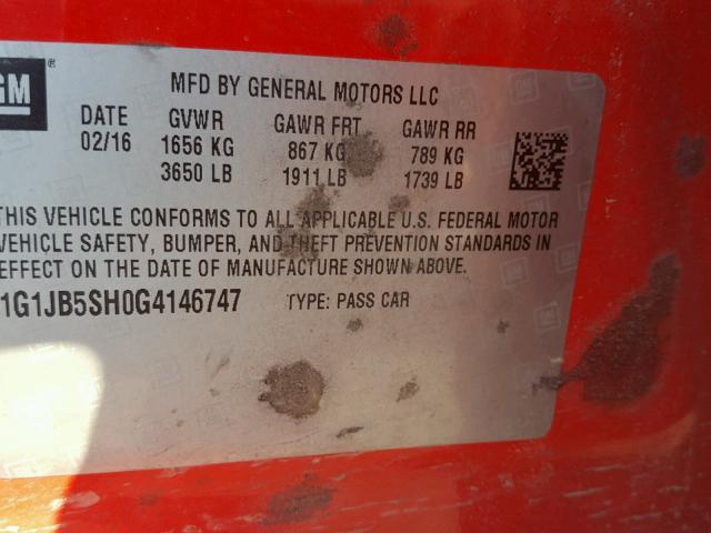 1G1JB5SH0G4146747 - 2016 CHEVROLET SONIC LS 红色 照片 10