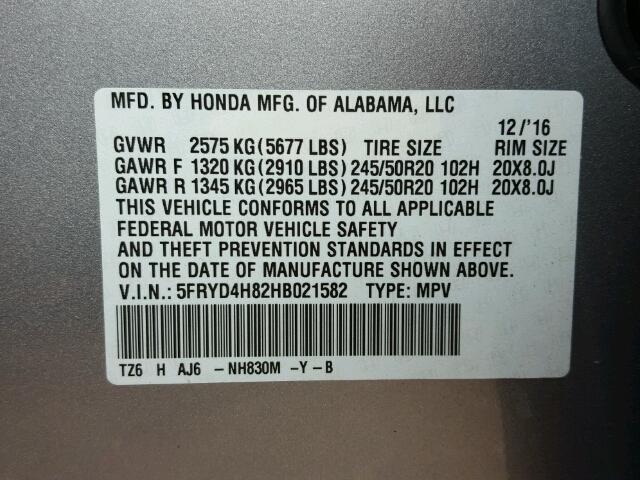 5FRYD4H82HB021582 - 2017 ACURA MDX SILVER photo 10