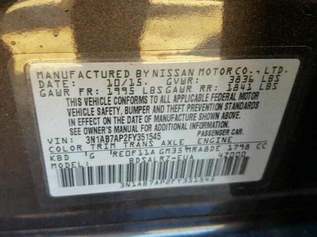 3N1AB7AP2FY351545 - 2015 NISSAN SENTRA GRAY photo 10